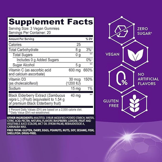 Sambucol Black Elderberry Zero Sugar Triple Immunity Gummies - Black Elderberry Vitamin C Immune Support Supplement, Gummy with Vitamin D for Adults and Kids - 60 Gummies (Pack of 1)