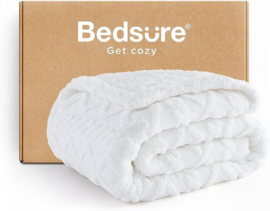 Bedsure Sherpa Fleece Blanket Twin Size for Bed - GentleSoft Fluffy & Cozy Cable Jacquard Tufted for Women Gift, Thick and Warm Blankets for Winter, White, 60x80 Inches