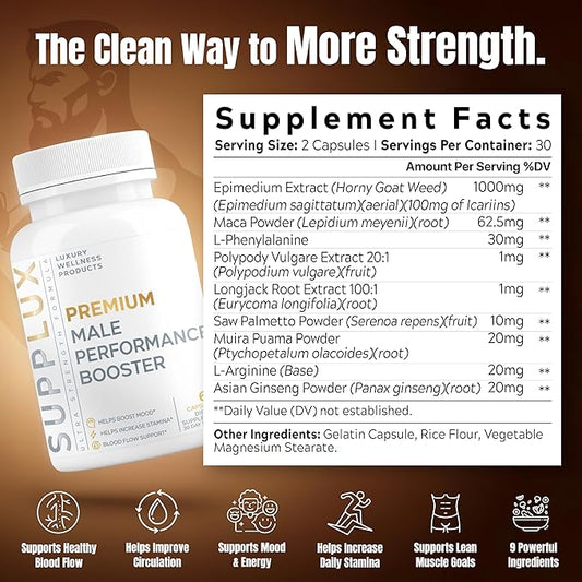 Premium Male Performance Booster - Horny Goat Weed + 8 Ingredients | Pills for Men Fast Acting Blood-Flow, Muscle Building, Energy | 3rd Party Tested Supplement - 60 Pills for Adults