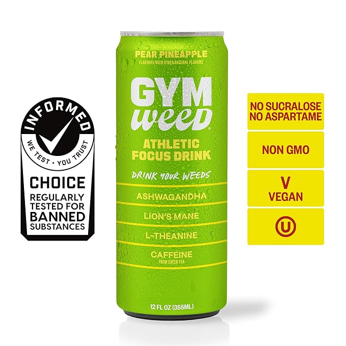 GYM WEED Athletic Focus Drink with KSM-66 Ashwagandha, Lion's Mane Mushroom, L-Theanine, 200mg Green Tea Caffeine with Natural Sweeteners Variety Pack of flavors, 12 Pack