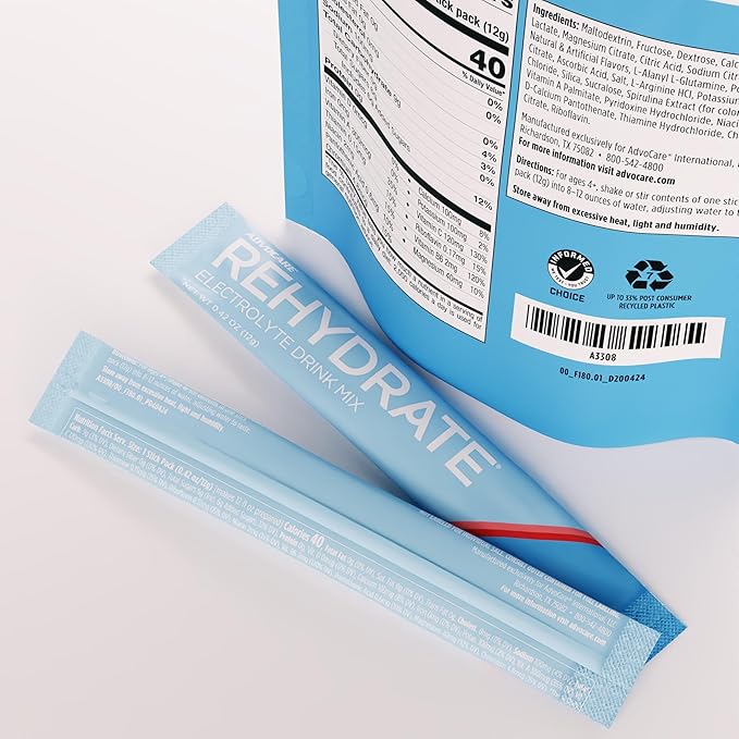 AdvoCare Rehydrate Electrolyte Drink Mix - Hydration & Recovery Drink with Sodium, Potassium & More - Berry Lemon Ice - 15 Hydration Packets