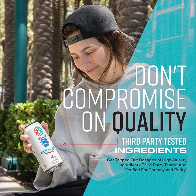 Gorilla Mind Energy Drink | Unmatched Energy · Amplified Focus | N-Acetyl-L-Tyrosine, Alpha-GPC, 200mg Caffeine, Uridine, Saffron | 0 Sugar Or Artificial Colors | 16oz, 12-Pack (White Frost)