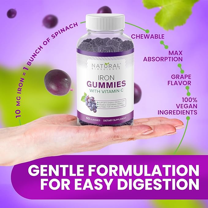 Iron Gummies with Vitamin C for Adults & Kids - Chewable Iron Supplement for Iron Deficiency Anemia, Red Blood Cell Support, Energy, Immune Function, Brain Health, Max Absorption, Grape Flavor, Vegan
