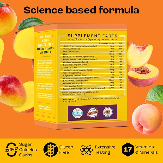 KEY NUTRIENTS Electrolytes Powder Packets - Tropical Peach Mango 20 Pack Hydration Packets - Travel Hydration Powder - No Sugar, No Calories, Gluten Free - Made in USA - Peach Mango