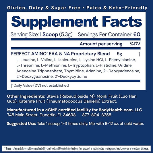 BodyHealth PerfectAmino Powder - BCAA and EAA Powder for Pre and Post Workout - Amino Acid Energy Drink for Men and Women to Support Lean Muscle and Recovery - Unflavored - 60 Servings
