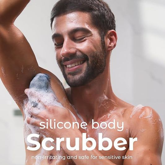 MainBasics Silicone Body Scrubber – Dual-Sided Shower Scrubber with Massage Nodes, Silicone Loofah Alternative for Deep Clean (Dark Blue, Massage)