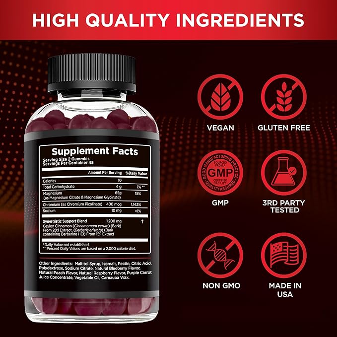 Berberine Gummies with Ceylon Cinnamon | Sugar-Free Supplement 1200mg for Blood Sugar Support, Heart Health, Energy | 45-Day Supply, Natural Berry Flavor, Made in USA (90 Count)