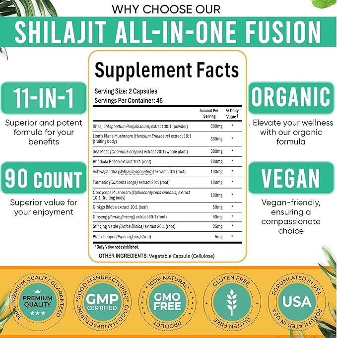 Adndale Shilajit Ultra Force 11-in-1. Pure Himalayan Organic Shilajit for Men and Women Capsules with Sea Moss Ashwagandha Rhodiola Rosea Lion’s Mane. 90 Count