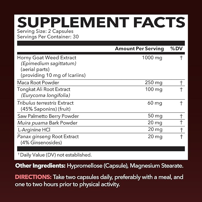 Horny Goat Weed Capsules for Men & Women - Extra Strength Performance & Energy Support with Tongkat Ali, Muira Puama, and Saw Palmetto - 1 Month Supply Herbal Supplement for Increased Endurance