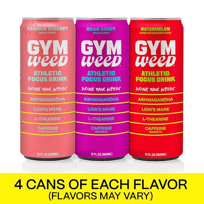 GYM WEED Athletic Focus Drink with KSM-66 Ashwagandha, Lion's Mane Mushroom, L-Theanine, 200mg Green Tea Caffeine with Natural Sweeteners Sour and Sweet Variety of Flavors, 12 Pack