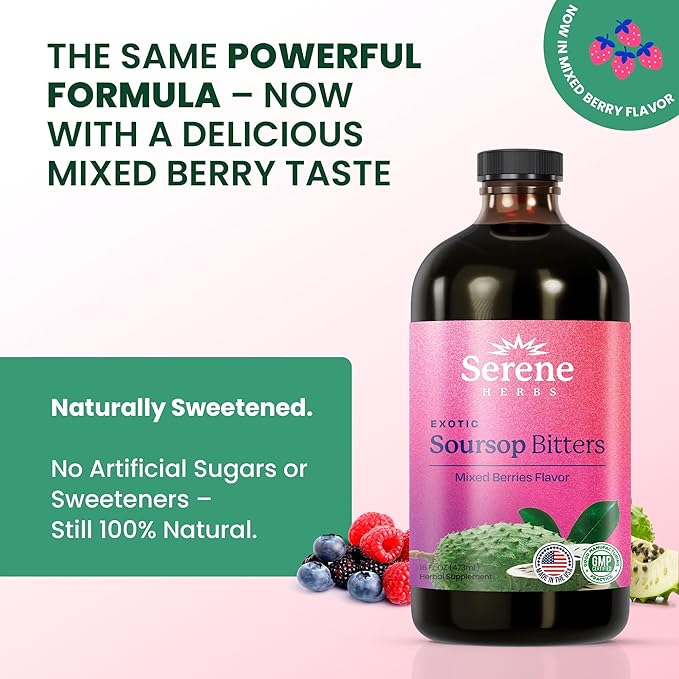 Soursop Bitters Liquid - Mixed Berry All-Natural Herbal with Black Seed, Moringa, Irish Moss & Ginger – Gut Support, Energy & Immune Boost – Vegan, Non-GMO – 16 oz