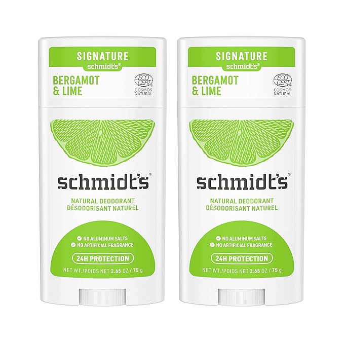 Schmidt's Aluminum Free Natural Deodorant Bergamot & Lime 2 count For Women and Men, with 24 Hour Odor Protection, Certified Cruelty Free, Vegan Deodorant, 2.65 oz