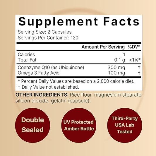 NatureBell CoQ10 300mg with Omega 3, 240 Capsules - 120 Day Supply | Stable High Absorption Form – Antioxidant Support for Heart & Energy Health – Extra Strength Coenzyme Q10 Supplement