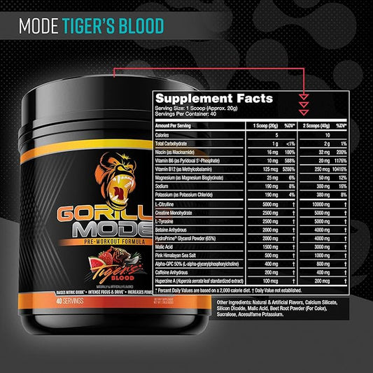 Gorilla Mind Pre Workout - Massive Pumps Laser Focus Energy Power - L-Citrulline, Creatine, L-Tyrosine, Betaine, Hydroprime, Alpha-GPC, 400mg Caffeine, Huperzine A - 800g (Tigers Blood)