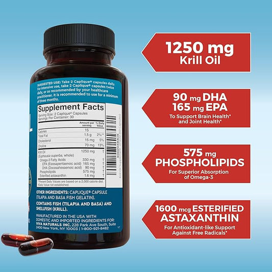 Viva Naturals Antarctic Krill Oil 1250 mg, Omega 3 EPA DHA and Astaxanthin, Joint Support and Brain Supplement with Antioxidant Properties, No Fishy Aftertaste (Pack of 6)