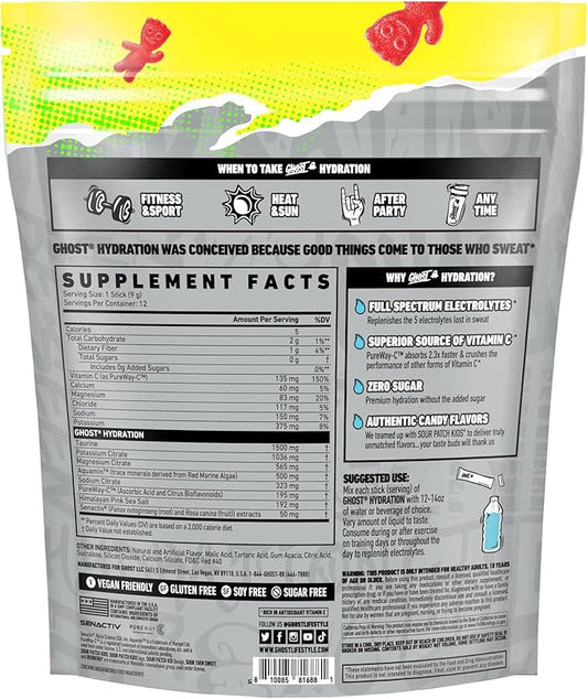 GHOST Hydration Packets, Sour Patch Kids Redberry, 12 Sticks, Electrolyte Powder - Drink Mix Supplement with Magnesium, Potassium, Calcium, Vitamin C - Vegan, Free of Soy, Sugar & Gluten
