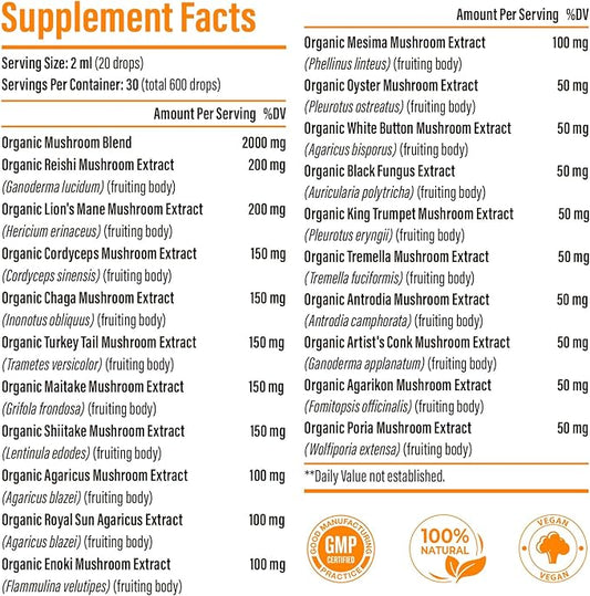 Liposomal Mushroom Complex Drops 2000 MG - 20 Organic Mushroom Extracts - Advanced Liquid Formula for Immunity, Cognitive and Memory - Lions Mane Supplement, Reishi, Cordyceps, Chaga, 90 Servings