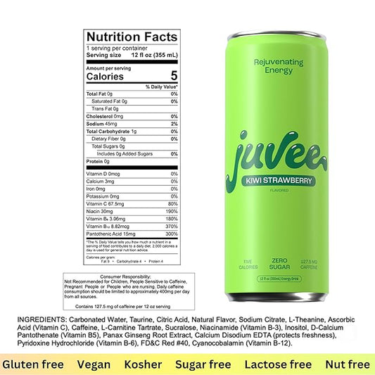 Juvee Energy Drink 0 Sugar 5 Calories (Pack of 12) (KIWI STRAWBERRY)