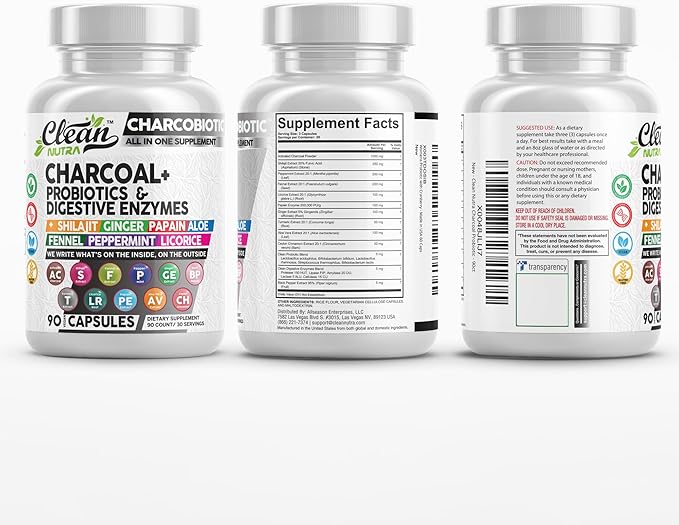 Clean Nutra Activated Charcoal Capsules Shilajit Pills Probiotic Digestive Enzymes for Digestive Health with Peppermint Fennel Licorice Papain Ginger Turmeric | Gut Health