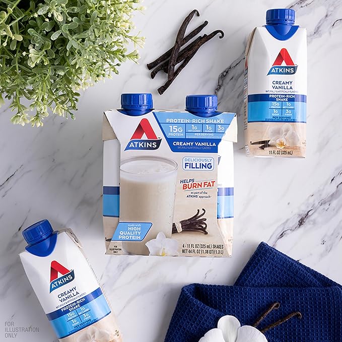 Atkins Creamy Vanilla High Protein Shake, 15g Protein, Low Glycemic, Low Carb and Low Sugar Shakes, Keto Friendly, 12 Vanilla Flavored Protein Shakes