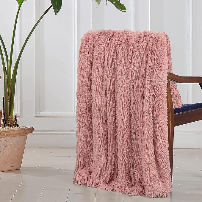 Tuddrom Decorative Extra Soft Faux Fur Blanket Queen Size 80"x90",Solid Reversible Fuzzy Fluffy Plush Fleece Comfy Microfiber Fur Blanket for Couch Sofa Bed,Peach Whip