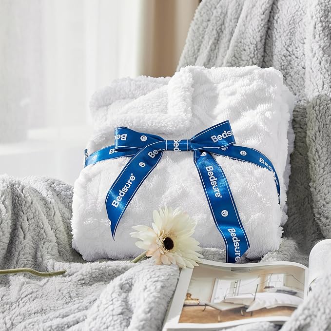 Bedsure Sherpa Fleece Throw Blanket for Couch - GentleSoft Fluffy & Cozy Cable Jacquard Tufted Throw for Women Gift, Thick and Warm Blankets for Winter, White, 50x60 Inches