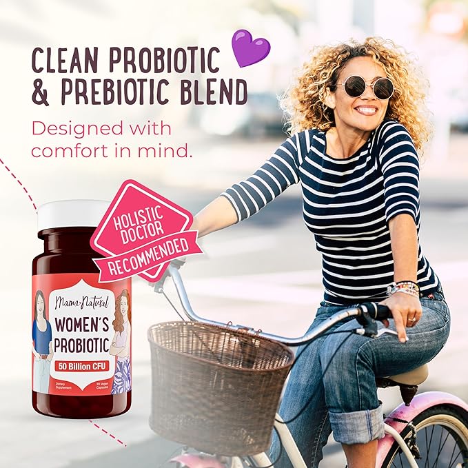 Mama Natural Womens Probiotic – Vaginal, Gut Health & Immune Support Supplement – with Organic Prebiotics (30 Count) - Lactobacillus & Bifidobacterium Probiotic - 50 Billion CFU & 10 Strains
