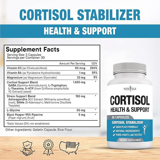 NEW AGE Cortisol Supplement for Women - Cortisol Detox Manager Reducer- Ashwagandha, GABA, 5 HTP, L-Tryptophan, L-Theanine - 90 Count