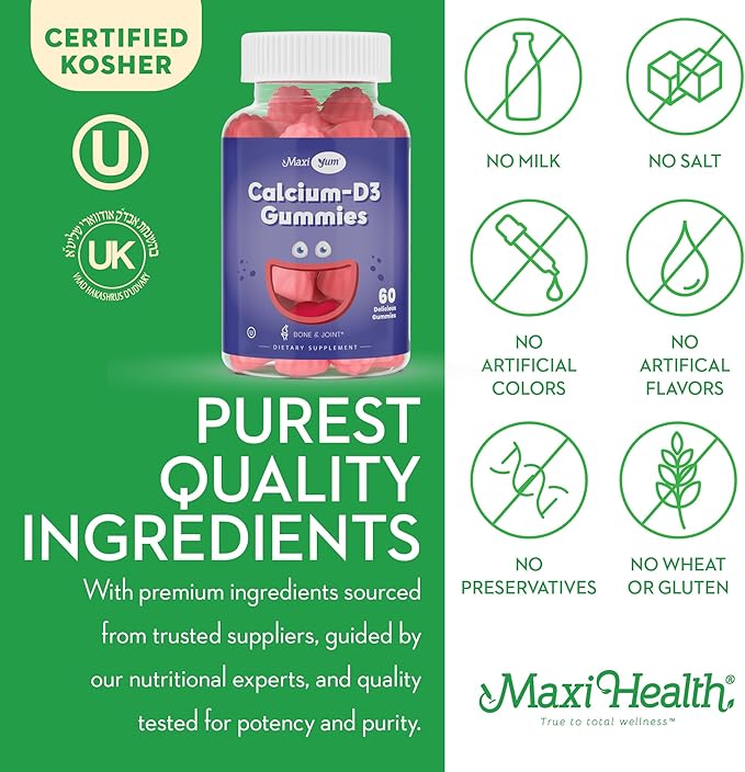 Calcium + D3 Gummy – Chewable Supplement for Bone Support – Kosher Gummies for Women, Men & Kids – Coral Source with Vitamin D – Kids Calcium & Immune Support – Citrate-Free – 60 Count