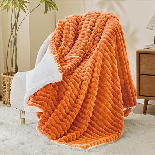 INFIIXSO Sherpa Throw Blanket for Couch - Super Soft & Warm Striped Fleece Blanket, Cozy Plush Fluffy Blanket All Season Use (Burnt Orange, 50x60 Inches)