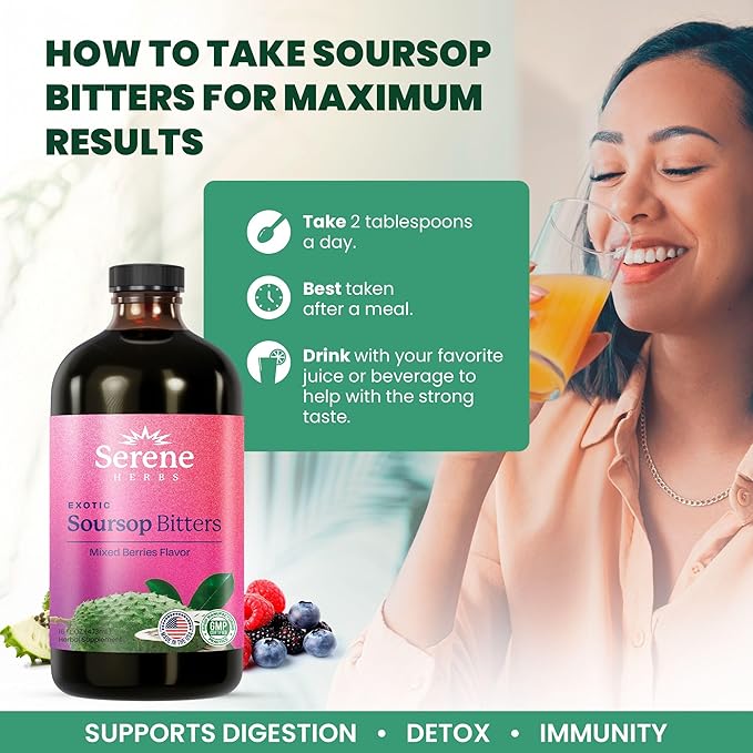 Soursop Bitters Liquid - Mixed Berry All-Natural Herbal with Black Seed, Moringa, Irish Moss & Ginger – Gut Support, Energy & Immune Boost – Vegan, Non-GMO – 16 oz