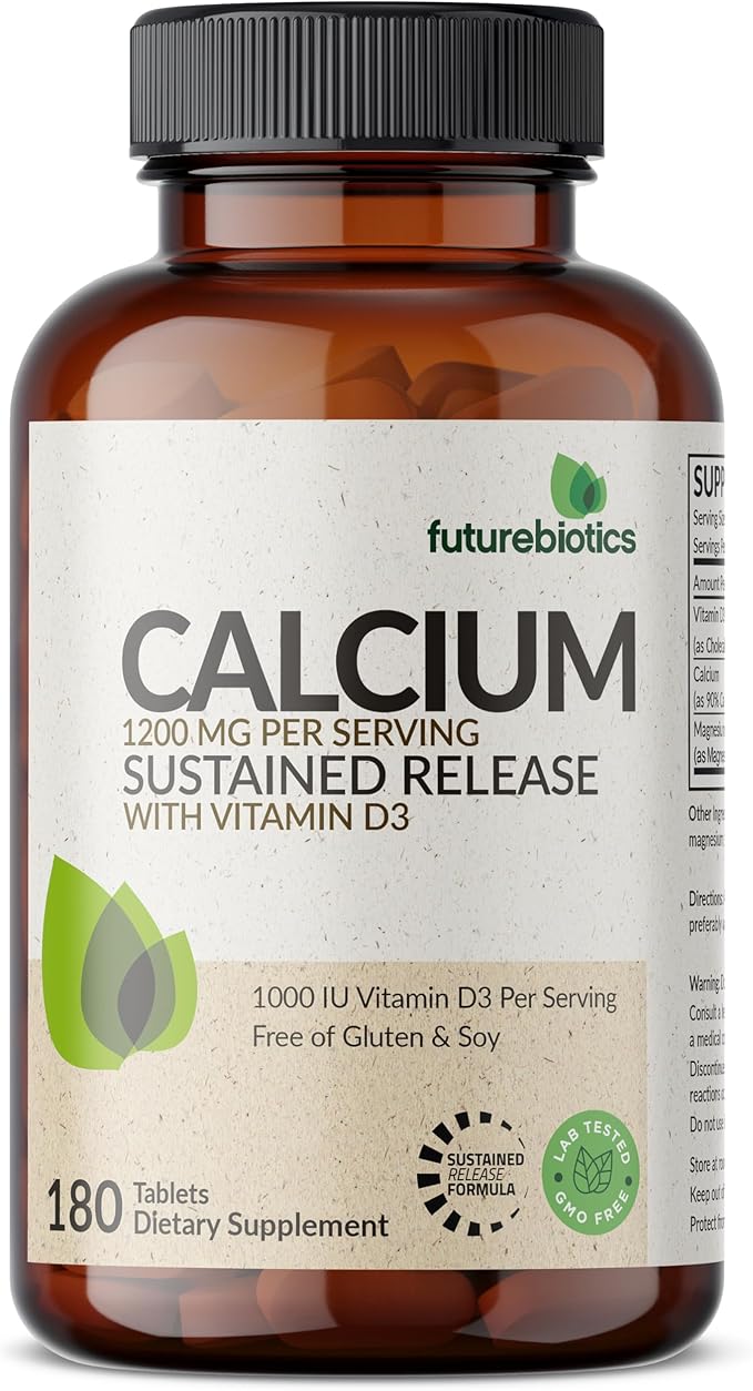 Futurebiotics Calcium 1200 MG Per Serving Sustained Release with Vitamin D3 1000 IU Per Serving Non-GMO, 180 Vegetarian Tablets