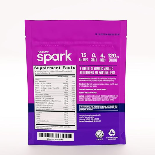 AdvoCare Spark Vitamin & Amino Acid Supplement - Focus & Energy Drink Powder Mix with Vitamin A, B-6, C & E - Also Includes L-Carnitine & L-Tyrosine - Grape, 14 Stick Packs