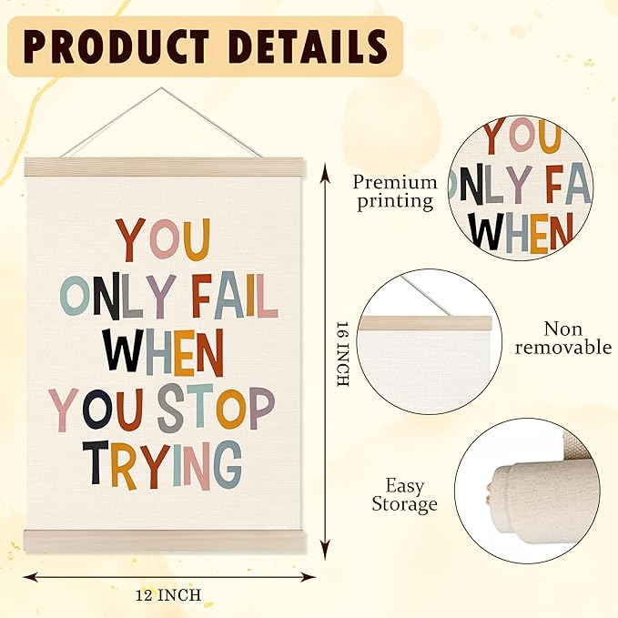 Welshower Boho Inspirational Poster Hanger Frame, You Only Fall When You Stop Trying Motivational Quote Wall Art Prints Decor for Classroom Kids Room Nursery Playroom Framed, 12x16 Inch
