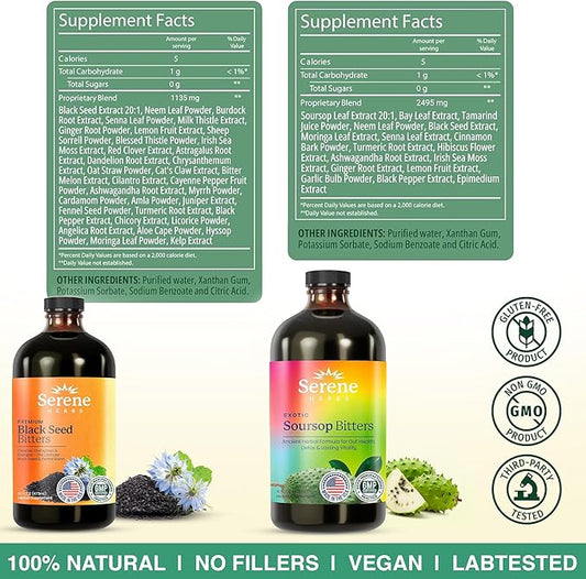 Serene Herbs Soursop Bitters Liquid & Black Seed Bundle – Organic Herbal Guanabana for Digestive Support & Immune Health – Vegan, Non-GMO – 32 oz (16 oz Each), 64 Servings
