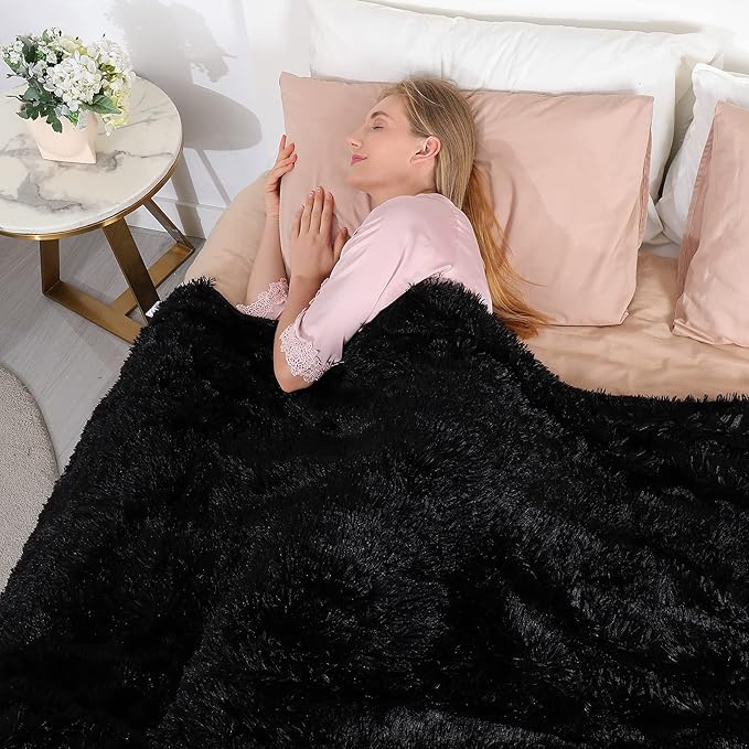 Tuddrom Decorative Extra Soft Faux Fur Blanket Twin Size 70" x78",Reversible Fuzzy Lightweight Long Hair Shaggy Fleece Blanket,Fluffy Cozy Plush Comfy Microfiber Throw Blanket for Couch Sofa Bed,Black