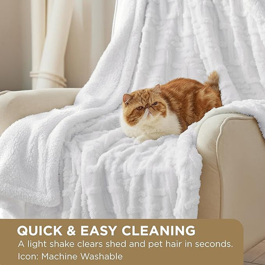 Bedsure Sherpa Fleece Throw Blanket for Couch - GentleSoft Fluffy & Cozy Cable Jacquard Tufted Throw for Women Gift, Thick and Warm Blankets for Winter, White, 50x60 Inches