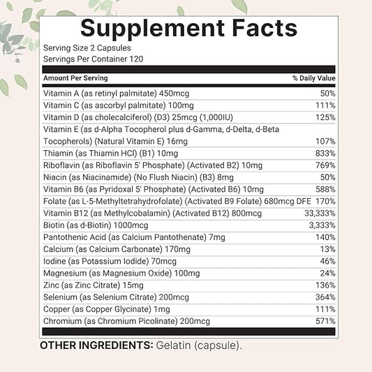 Micro Ingredients 2 Pack Pure Methylated Multivitamin, 480 Capsules | 19-in-1 Formula with Vitamins C, D, B12, Folate, Magnesium, Zinc, & More | Supports Daily Wellness & Immune Health | Filler Free