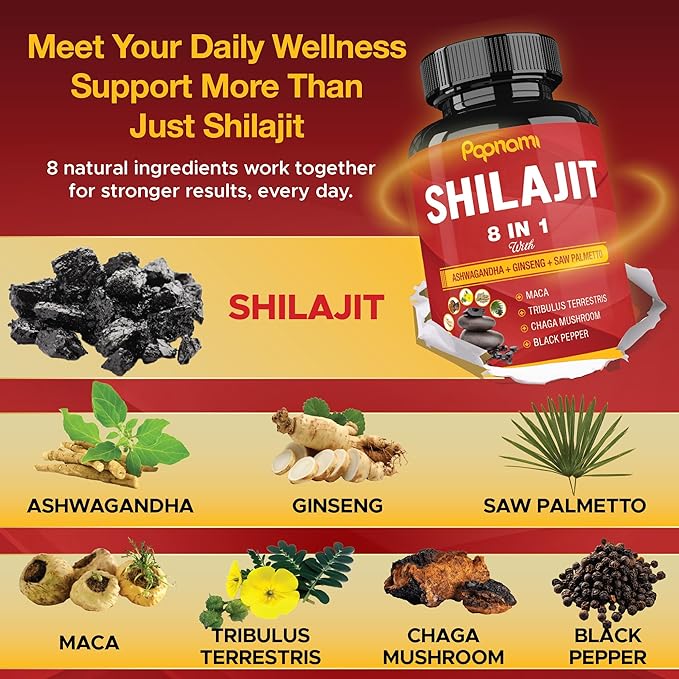 Shilajit Himalayan Supplement for Men & Women - 150 Capsules Combined Ashwagandha, Ginseng, Saw Palmetto, Maca, Tribulus, Chaga & Black Pepper - Vitality Energy and Immune Supports