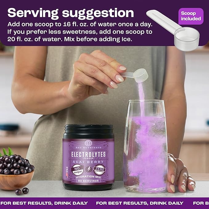 KEY NUTRIENTS Multivitamin Electrolytes Powder No Sugar - Fruity Acai Berry Electrolyte Powder - Endurance & Energy Supplement - Hydration Powder - No Calories - 90 Servings - Made in USA