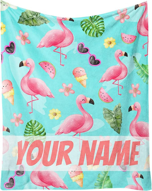 Custom Flamingo Blankets Gifts with Name - 50 x 60 Inches Cute Throw for Teens - Green Fluffy Warm Cozy Flamingo Blankets for Couch
