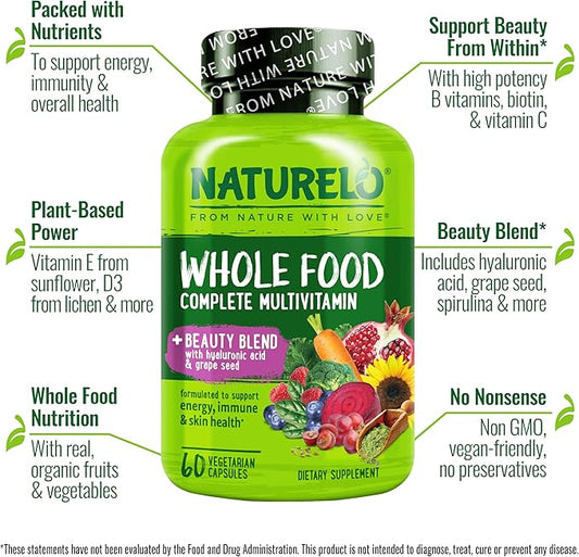 NATURELO Whole Food Multivitamin with Extra Hair, Skin and Nails Support - Beauty Blend with Hyaluronic Acid & Grape Seed - High Potency Biotin, Vitamin C, and Glutathione - 60 Vegan Capsules