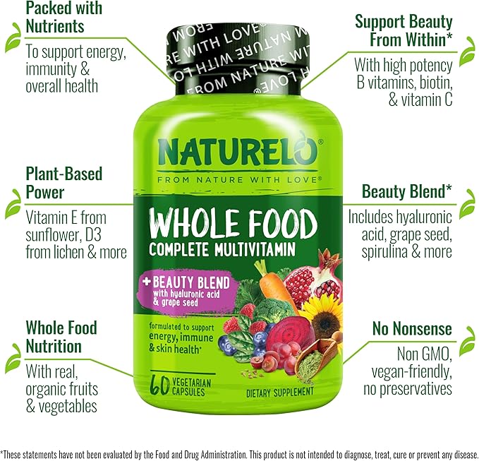 NATURELO Whole Food Multivitamin with Extra Hair, Skin & Nails Support - Beauty Blend with Hyaluronic Acid & Grape Seed - High Potency Biotin, Vitamin C, & Glutathione, 60 Vegan Capsules (Pack of 2)