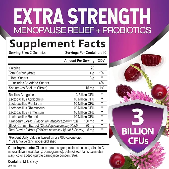 Menopause Supplements for Women - 3 Billion CFU Natural Menopause Relief for Mild Hot Flashes & Night Sweats, PH, Vaginal Health Support Probiotics for Women Gummy, Probiotic Supplement - 120 Gummies