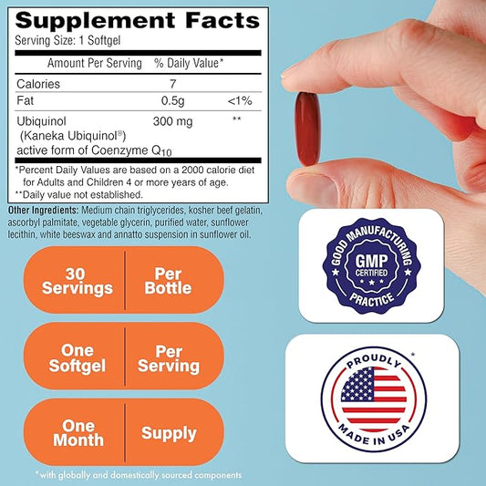 Health Thru Nutrition Ubiquinol 300mg 30 Softgels as Kaneka QH Reduced CoQ-10 | Stabilized - 3rd Party Tested | Enhanced Bioavailability | Cardiovascular & Mitochondria Function Support | Non-GMO