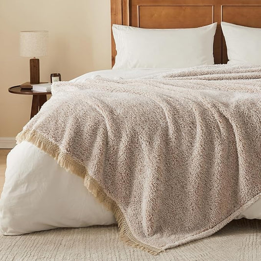 EMME Fuzzy Blanket Soft Fleece Throw Blankets for Women, Fluffy Sherpa Throws((Tassel Khaki,60"x80")