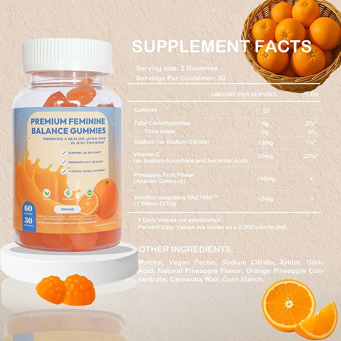 Premium Feminine Balance Gummies – Probiotic for Women’s pH Balance & Odor Control Suppert Vaginal Health,Natural Orange Flavor Vegan, Gluten-Free, 60 Count