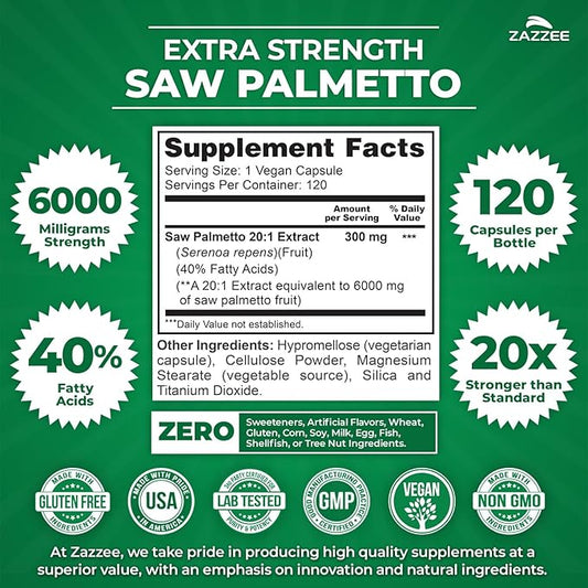 Zazzee Extra Strength Saw Palmetto 20:1 Extract, 6000 mg Strength, 40% Fatty Acids, 120 Vegan Capsules, 4 Month Supply, Concentrated and Standardized 20X Extract, Non-GMO, All-Natural, Made in the USA