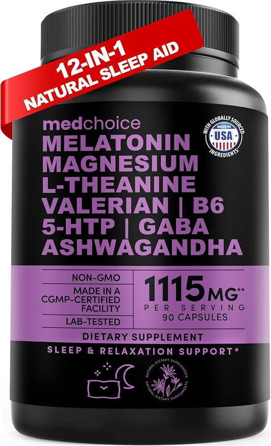 12-in-1 Melatonin Sleep Capsules - Natural Sleep Aids for Adults with Melatonin 5mg and Magnesium Glycinate 500mg, Sleep Aid with Ashwagandha, L Theanine, Valerian Root, GABA, 5-HTP (90ct, Pack of 1)
