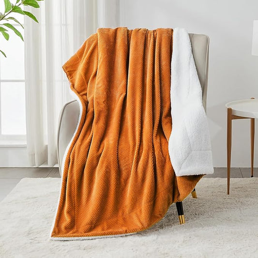 SOCHOW Waffle Sherpa Fleece Throw Blanket, Super Soft Fuzzy Warm, Lightweight Fluffy Reversible Plush Blanket for Bed Sofa Couch, 60 x 80 Inches Burnt Orange